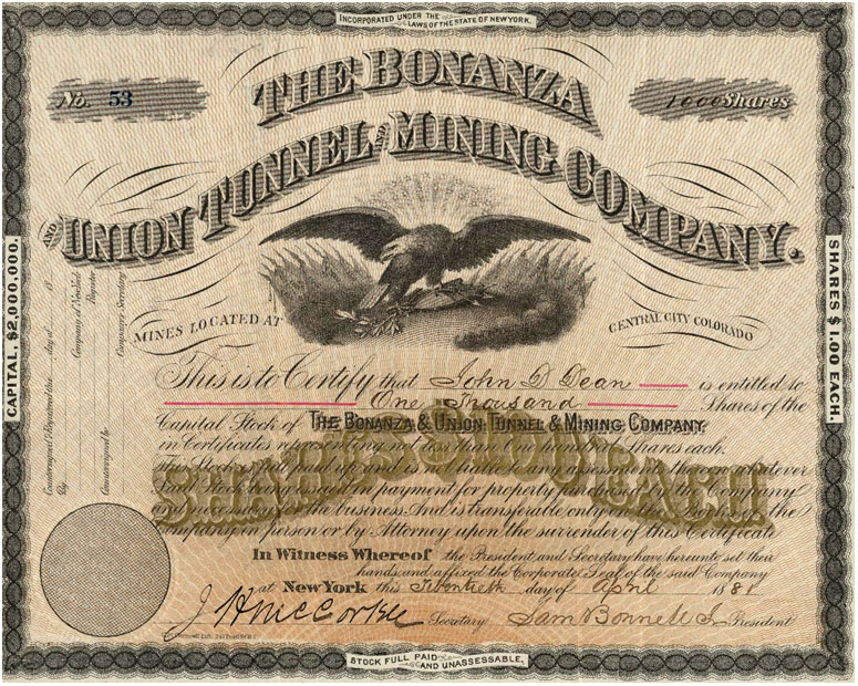 Acción minera de la Bonanza & Union Tunnel & Mining Company, Central City, Colorado, USA. Año 1881.