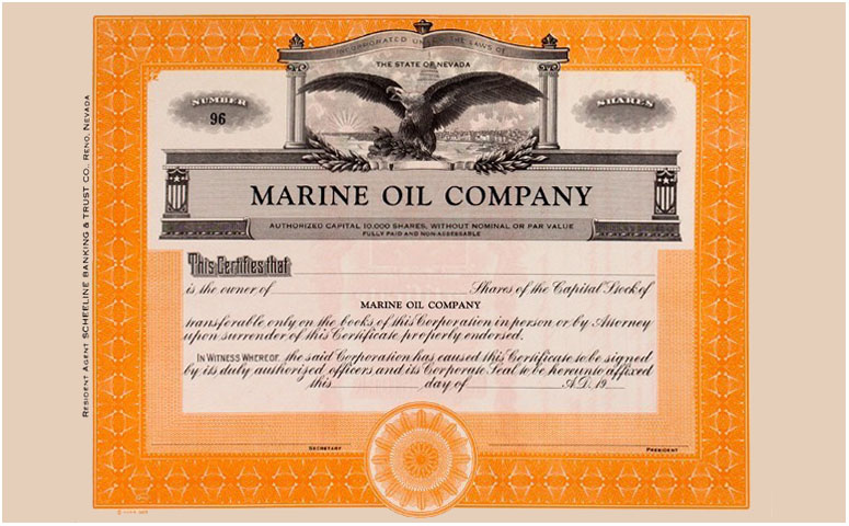Acción minera de la Marine Oil Company, Nevada, USA. Año 1929.