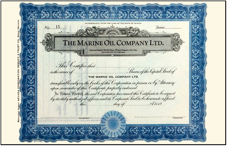 Acción minera de la Marine Oil Company Limited, Nevada, USA. Principios del siglo XX.