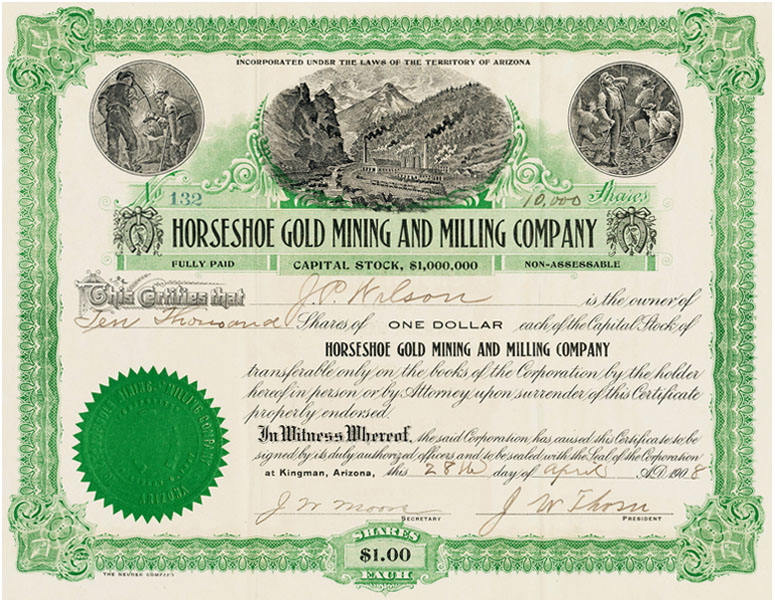 Acción minera de la Horseshoe Gold Mining and Milling Company, Kingman, Arizona, USA. Año 1908.