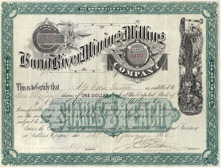 Acción minera de la Burnt River Mining & Milling Company, Portland